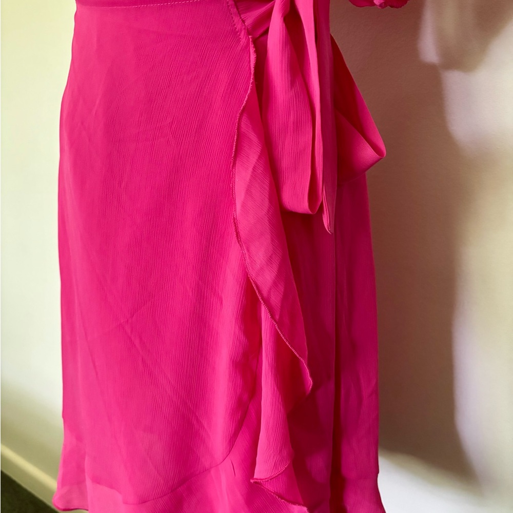 NWOT Kikibell Sz XS Hot Pink Fuchsia Faux Wrap Mini Dress w Bell Puff Sleeves - Picture 5 of 12